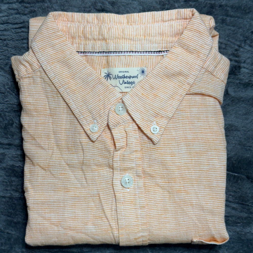 Weatherproof Vintage Button Down Shirt Mens L Orange White Striped Linen Blend